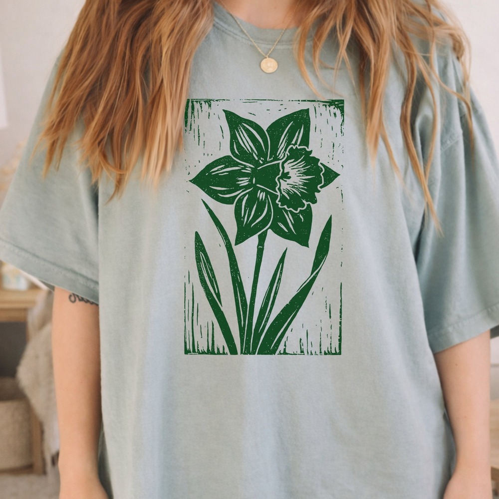Linocut Art Daffodil Boho Tee
